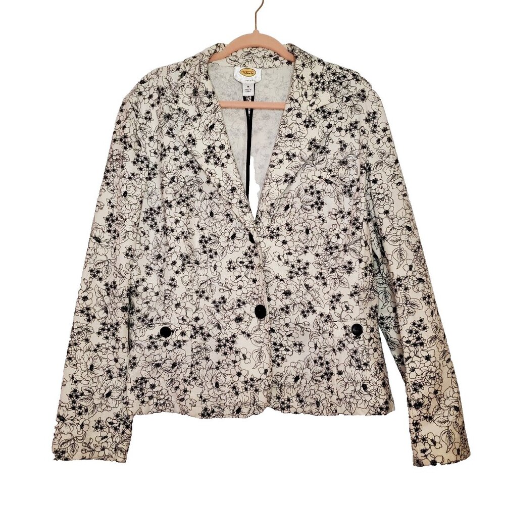 Talbots Beige Jacket Black Floral Design Button Front Pockets Stretch Size 18